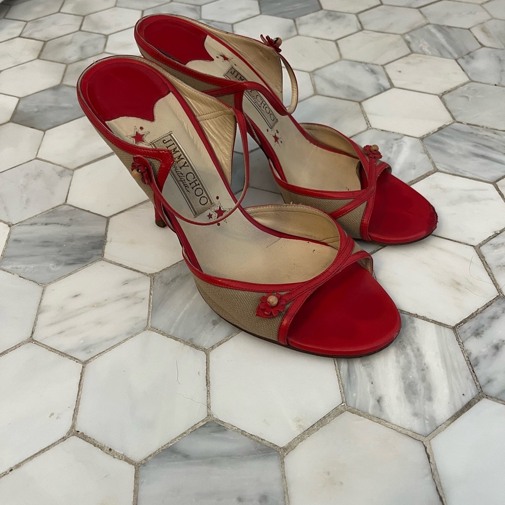Jimmy Choo Boutique Shoes.  Gorgeous tan and red blocking with flower details.